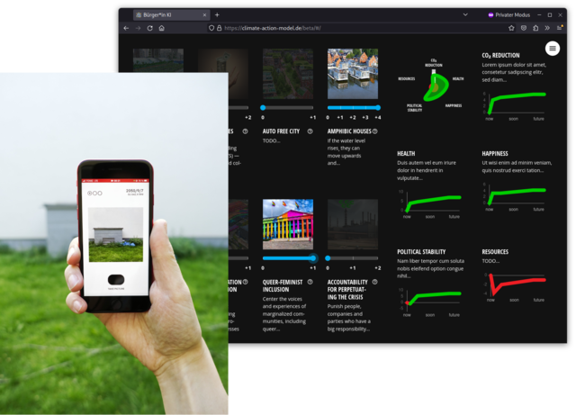 Screenshot of an app UI with charts, photograph of a hand holding a smartphone, on there a photography app